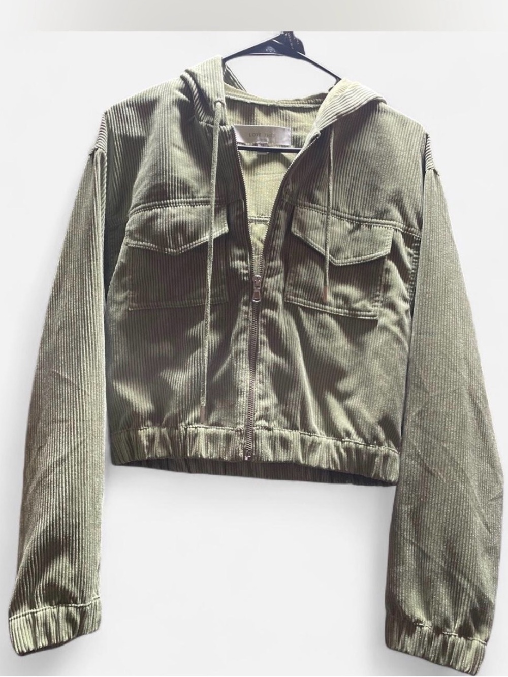 Love Tree Olive Hooded Cropped Sage Corduroy Jacket